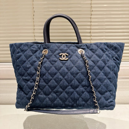 CHANEL QUILTED LARGE COCO HANDLE SHOPPING TOTE DENIM BLUE 37CM