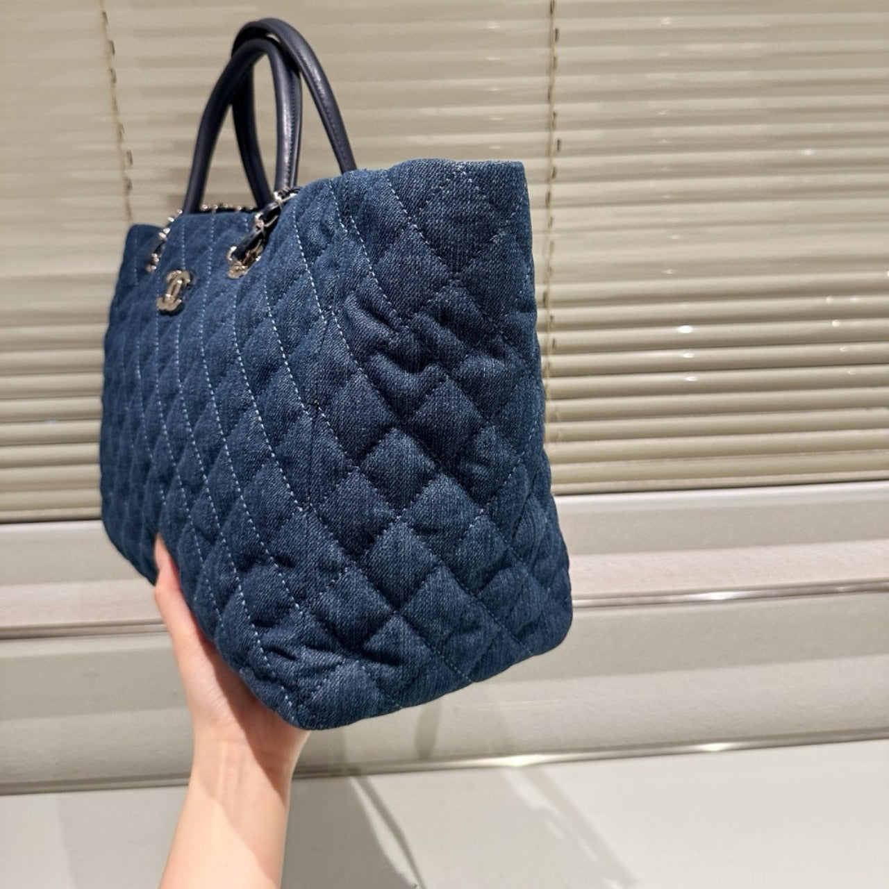 CHANEL QUILTED LARGE COCO HANDLE SHOPPING TOTE DENIM BLUE 37CM