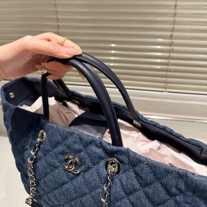CHANEL QUILTED LARGE COCO HANDLE SHOPPING TOTE DENIM BLUE 37CM