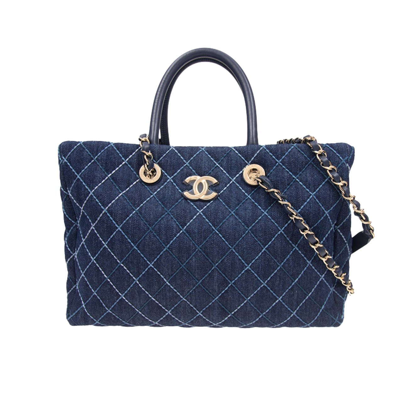 CHANEL QUILTED LARGE COCO HANDLE SHOPPING TOTE DENIM BLUE 37CM