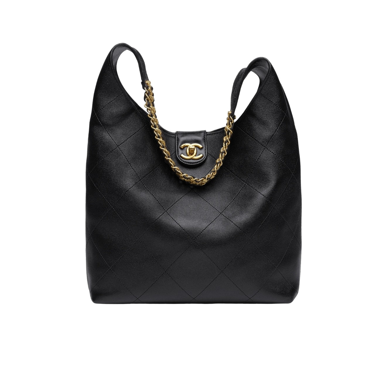 CHANEL LARGE HOBO BAG SHINY GOLD TONE METAL BLACK 21CM AS5410 B19776 94305