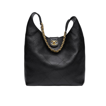 CHANEL LARGE HOBO BAG SHINY GOLD TONE METAL BLACK 21CM AS5410 B19776 94305