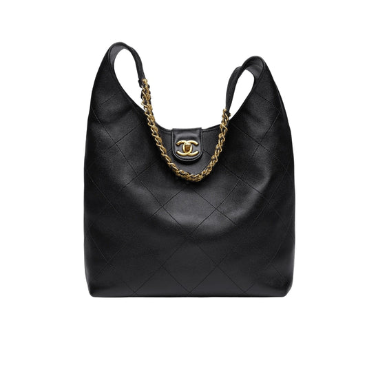 CHANEL LARGE HOBO BAG SHINY GOLD TONE METAL BLACK 21CM AS5410 B19776 94305