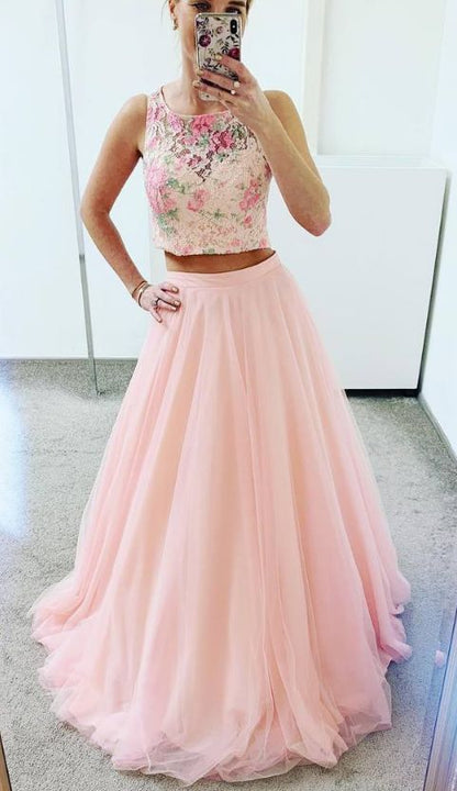 PM199,Two Pieces Tulle Long Prom Evening Dresses