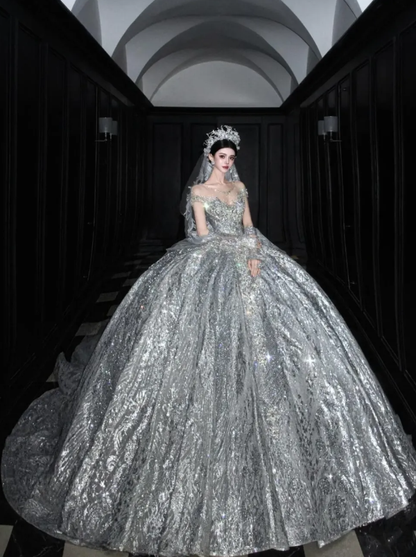 Silver Sequin Ball Gown Round Neck Prom Dress Evening Dress Party Dress SH3614