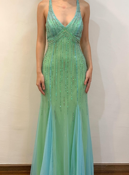 Green Mermaid Halter V Neck Beaded Chiffon Open Back Prom Dress Evening Dress SH2170