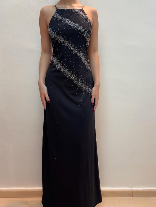 Vintage Sheath Spaghetti Strap Beaded Black Chiffon Prom Dress Evening Dress SH2102