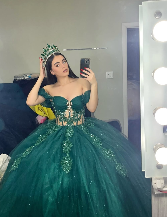 Green Tulle Applique Off the Shoulder Long Prom Dress Quinceanera Dress Ball Gown SH2446