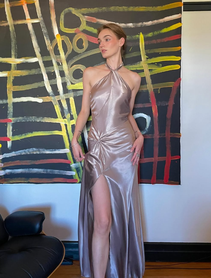 Simple A Line Halter Brown Satin Open Back Long Prom Dress Graduation Prom Dress with Slit SH2594