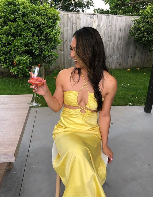 Unique Sheath Spaghetti Strap Yellow Satin Open Back Prom Dress Evening Dress SH2320
