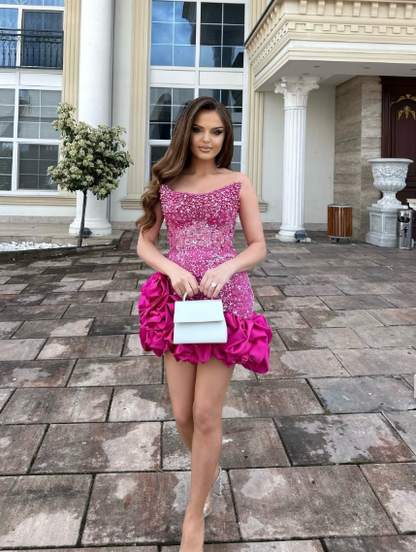 Gorgeous Strapless Satin Beaded Pleated Cocktail Dress Hot Pink Sheath Homecoming Dress S382