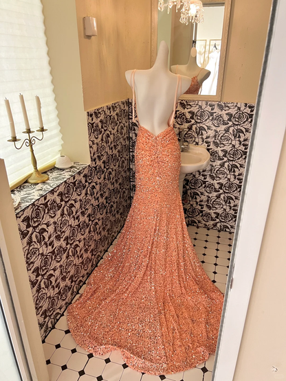 Shiny Orange Mermaid Spaghetti Strap Sequin Open Back Evening Dress Prom Dress SH3845