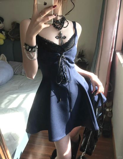 Vintage A Line Straps Black Lace Navy Blue Satin Short Homecoming Dress Cocktail Dress SH3240