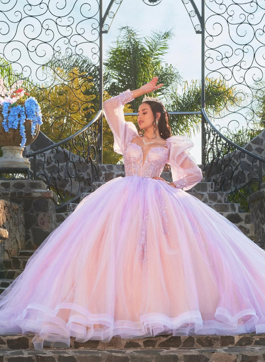 Cute Pink A Line Long Sleeve Flower Tulle Quinceanera Dresses Ball Gown SH2556