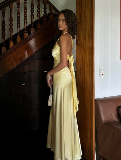 Elegant A Line Halter Yellow Bow Satin Open Back Prom Dress Graduation Prom Dress SH2589