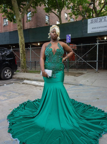 Gorgeous Mermaid V Neck Green Beaded Satin Long Sweep Prom Dress Evening Dress SH2175
