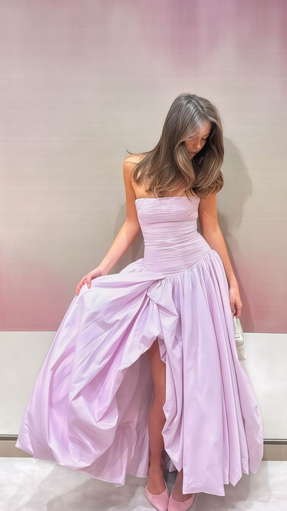 Strapless Lilac Pleated Slit Party Dress,Formal Prom Gown Birthday Party Dress S189