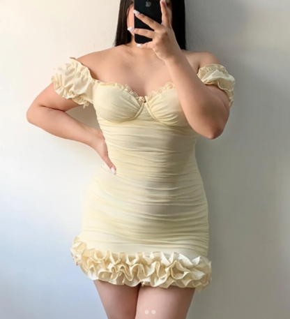 Cute Yellow Sweetheart Neck Sheath Ruffles Birthday Outfits Off The Shoulder Short Homecoming Dress S720