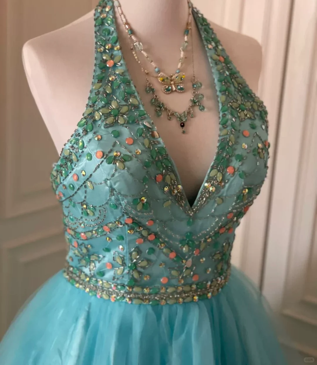 Vintage Blue Tulle Beaded Sleeveless A Line Birthday Dress Homecoming Dress S541