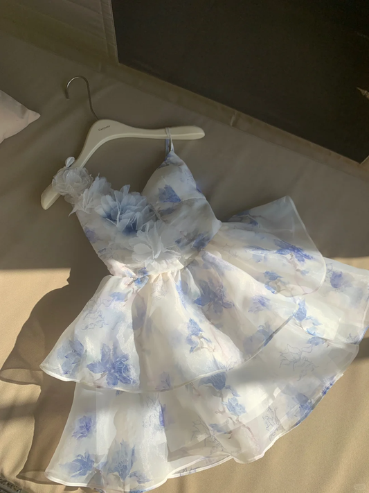 Beautiful Blue Chiffon Print Floral Short Holiday Dress Spaghetti Straps A Line Homecoming Dress S405