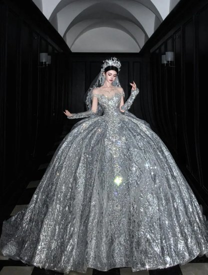 Silver Sequin Ball Gown Round Neck Prom Dress Evening Dress Party Dress SH3614