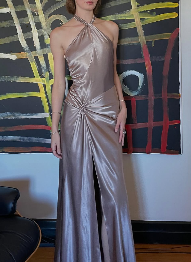 Simple A Line Halter Brown Satin Open Back Long Prom Dress Graduation Prom Dress with Slit SH2594