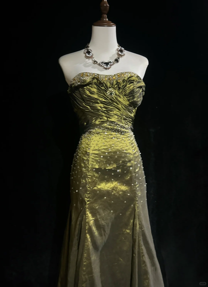 Retro Green Mermaid Strapless Beaded Pleated Satin Prom Dress Evening Dress SH3331