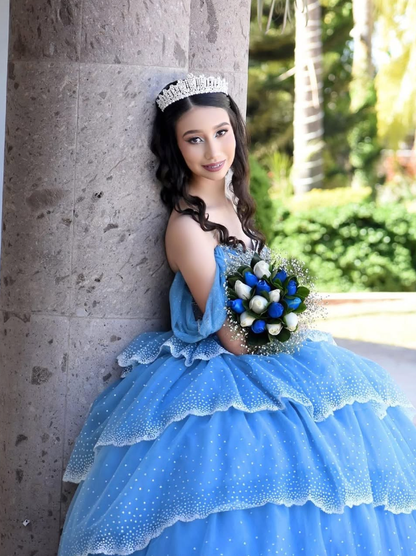 Blue Ball Gown Quinceanera Dresses Off the Shoulder Beaded Layered Tulle Sweet 16 Dress Party Gowns SH3553