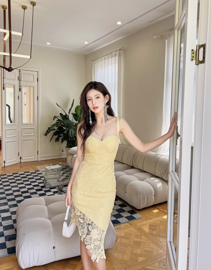 Gentle Yellow Sheath Spaghetti Strap Lace Short Homecoming Dress Cocktail Dress SH3578