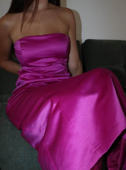 Simple Sheath Strapless Hot Pink Satin Prom Dress Evening Dress SH2327
