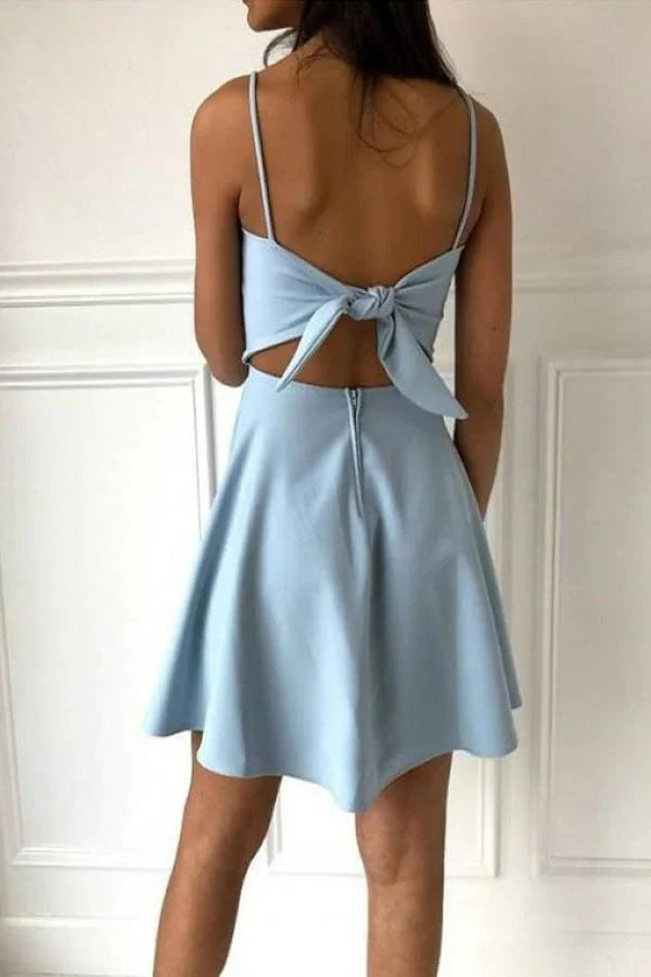 Blue fashion simple bow sleeveless short spaghetti strap A-line short satin mini homecoming dress evening gown gh808