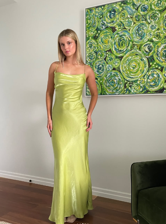 Simple Sheath Spaghetti Strap Green Satin Long Prom Dress Graduation Prom Dress SH2591
