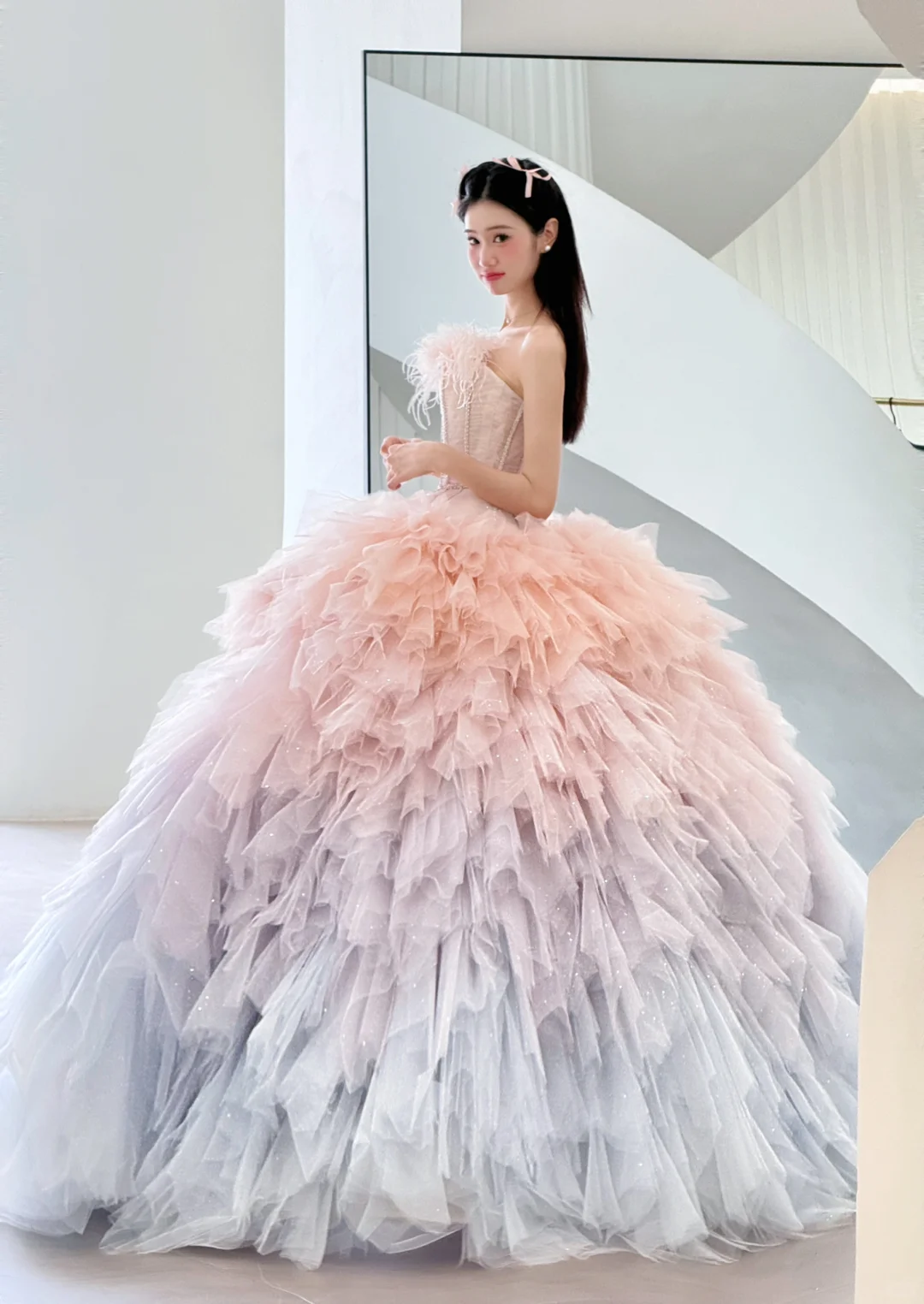 Cute A Line Strapless Corset Feather Pink Tulle Long Prom Dress Evening Dress SH2996