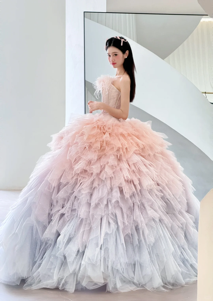 Cute A Line Strapless Corset Feather Pink Tulle Long Prom Dress Evening Dress SH2996