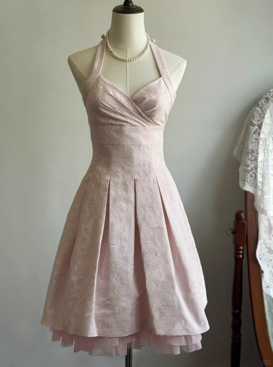 Classy Pink Halter V Neck A Line Short Birthday Outfits Formal 7th Grade Homecoming Dress S734
