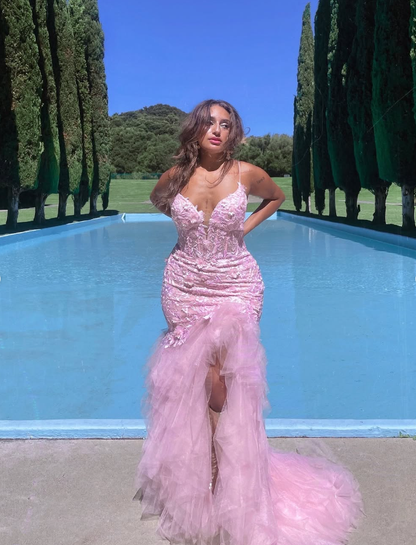 Princess Mermaid V Neck Corset Appliques Pink Tulle Prom Dress Evening Dress SH2165
