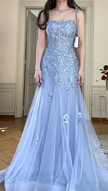 Classy Blue Tulle Appliques Mermaid Evening Dress Long Open Back