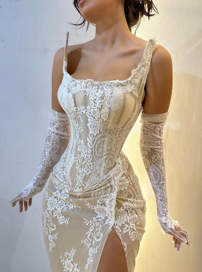 Sexy Sheath Strapless Ivory Lace Prom Dress Evening Dress with Slit SH2274