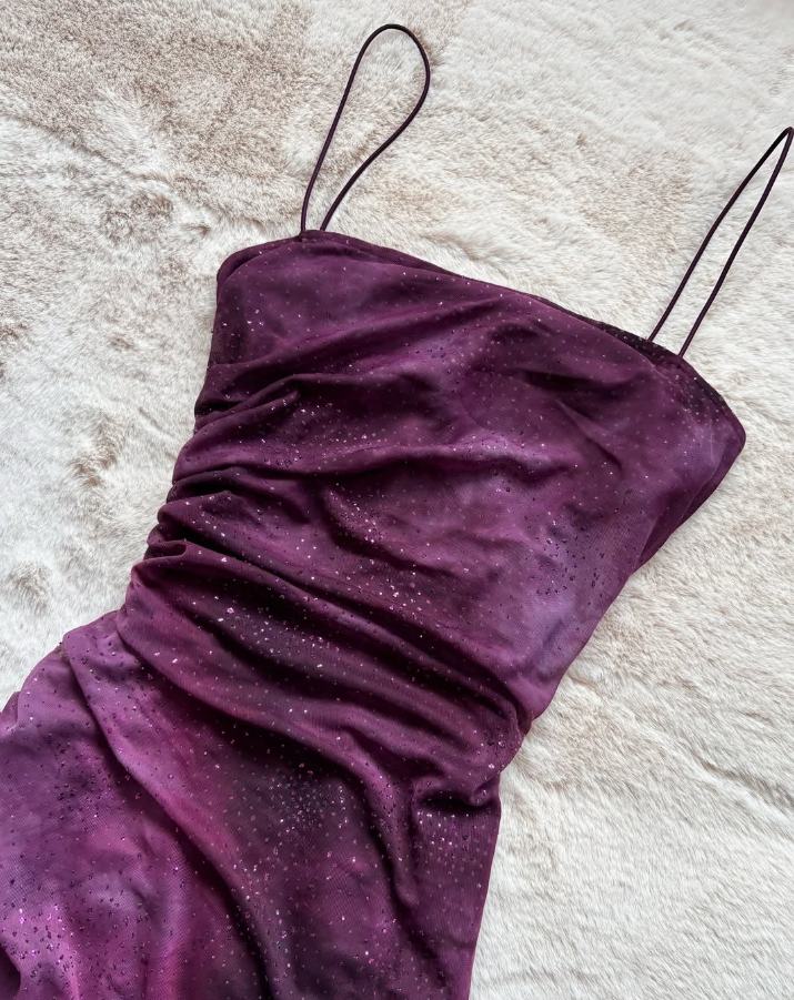 Vintage A Line Spaghetti Straps Sequins Purple Tulle Prom Dress Evening Dress SH1824