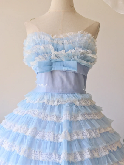 Vintage Blue Ball Gown Sweetheart Neck Layered Lace Tulle Prom Dress 16th Birthday Dress SH3862