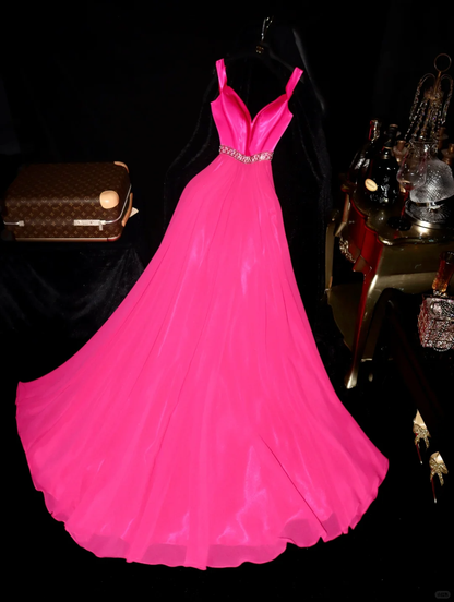 Charming A Line Spaghetti Strap Pink Beaded Satin Chiffon Long Prom Dress Party Dress SH3041