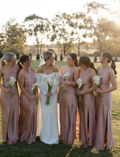 Pretty Sheath One Shoulder Black Satin Bridesmaid Dress Evening Dress with Slit SH3206