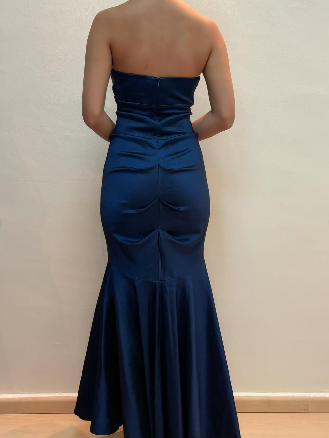 Vintage Mermaid Sweetheart Neck Beaded Navy Blue Satin Prom Dress Evening Dress SH2077