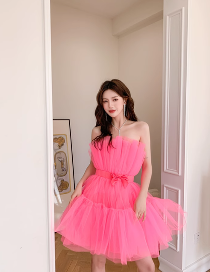 Barbie Pink A Line Strapless Tulle Short Outfit Party Dress Homecoming Dress Birthday Dress SH3528