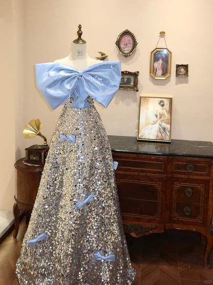 Stunning Blue Bow A Line Strapless Silver Sequin Long Prom Dress Evening Dress SH3672