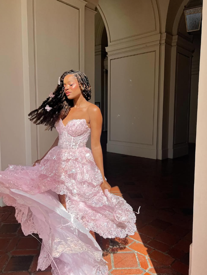 Princess A Line Sweetheart Neck Corset Appliques Pink Tulle Prom Dress Evening Dress SH2177