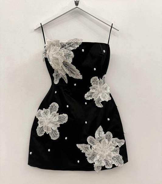 Stylish Black Spaghetti Straps Satin Beaded Flowers Short Party Dress Graduation Homecoming Dress S755