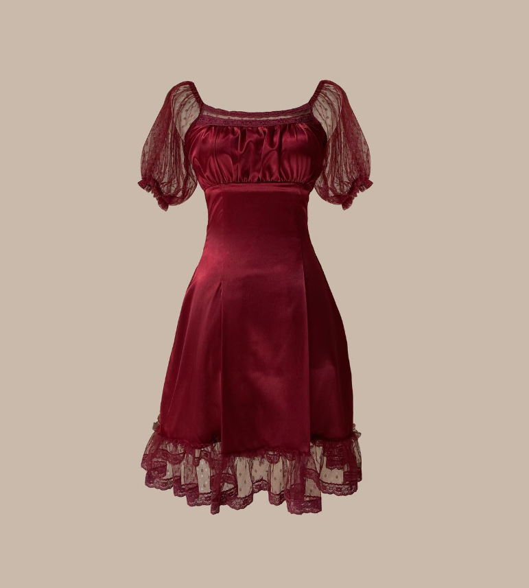 Classic Burgundy A Line Puff Lace Satin Short Homecoming Dress Cocktail Dress SH3682