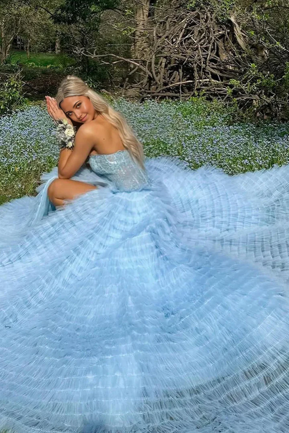 Gentle A Line Strapless Appliques Tiered Blue Tulle Prom Dress Evening Dress SH2637