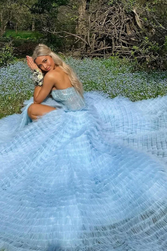Gentle A Line Strapless Appliques Tiered Blue Tulle Prom Dress Evening Dress SH2637